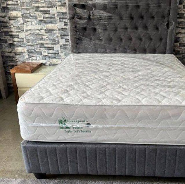 Grey tufted headboard, base and mattress set